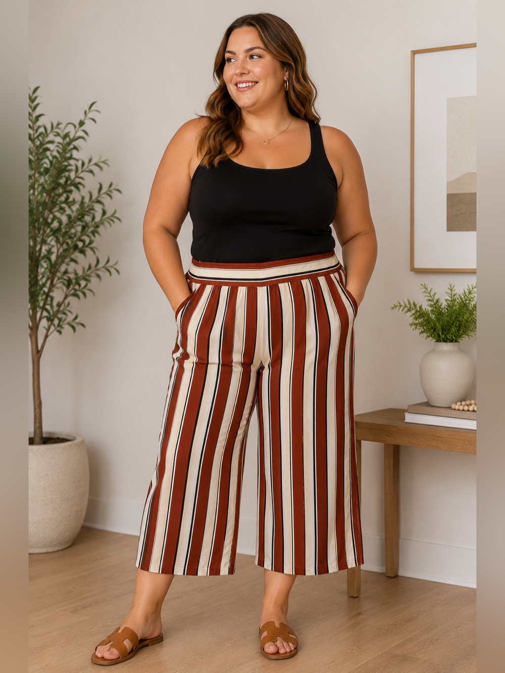 H&M Striped Wide-Leg Crop Pants in Rust & Cream Size 16 Boho Coastal Summer